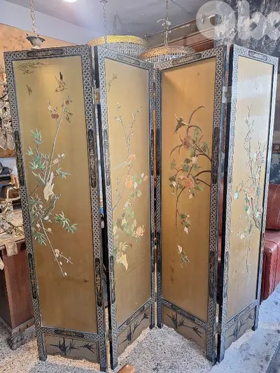 japanese 4 parts folding screen embeded with emerald/jade stones