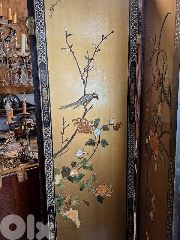 japanese 4 parts folding screen embeded with emerald/jade stones 4
