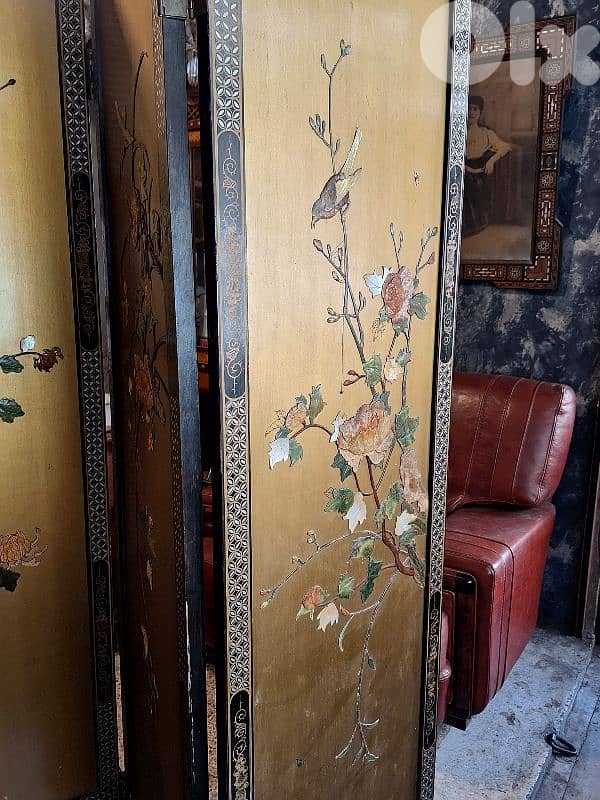 japanese 4 parts folding screen embeded with emerald/jade stones 6