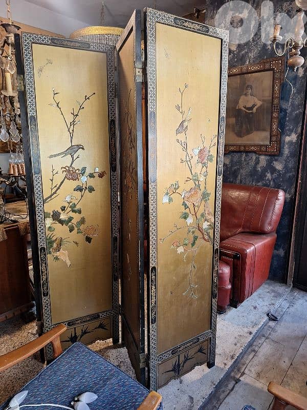 japanese 4 parts folding screen embeded with emerald/jade stones 7