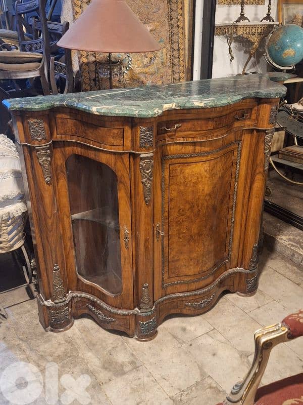large wood and glass with marble top bahu sideboard 0