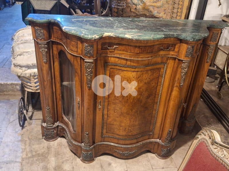 large wood and glass with marble top bahu sideboard 1