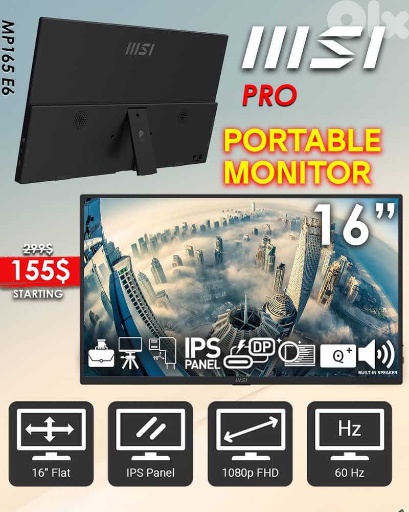 MSI PRO MP165 E6 16” FHD PORTABLE MONITOR 0