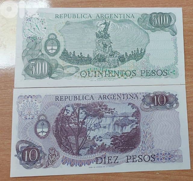 Uncirculated UNC set. of two Argentine 10 &500 Pesos Banknotes 1