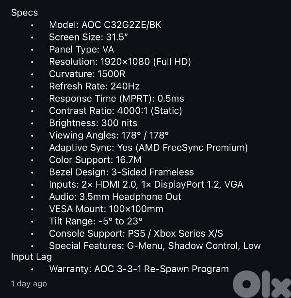 aoc curved gaming moniter 32inch 1