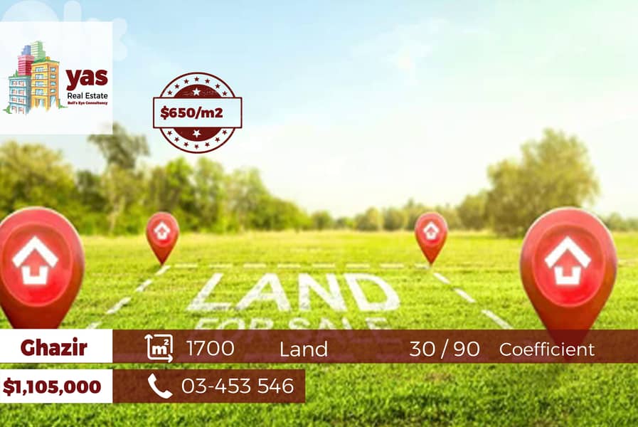 Ghazir 1700m2 | Land | 30 / 90 | Main Road | Prime Location | WA | 0