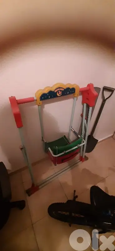 scooter, blue chair, swing for kids