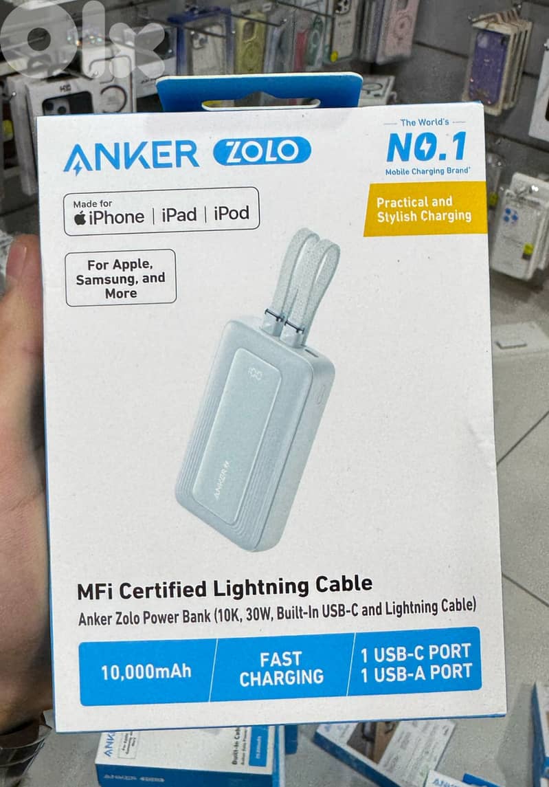 Anker zolo power bank (10k,30w,built in usb-c cable) white 35$ last 0