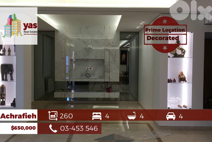 Achrafieh 260m2 | Prime Location | Decorated | Classy Area | OH 0