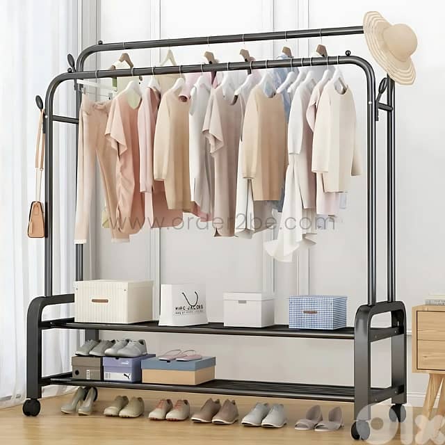 Modern Double Rod Clothing Rack – 48kg Load, Wheels & 2 Shelves 2