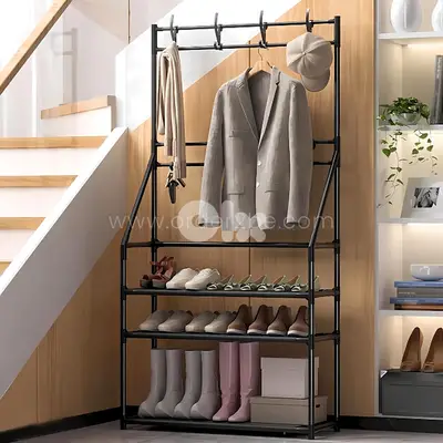 Modern Entryway Shoe Rack – 3 Tiers & 8 Hooks for Coats, Shoes & Bags