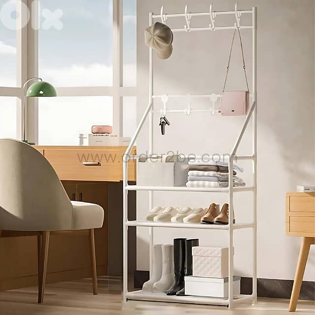 Modern Entryway Shoe Rack – 3 Tiers & 8 Hooks for Coats, Shoes & Bags 2