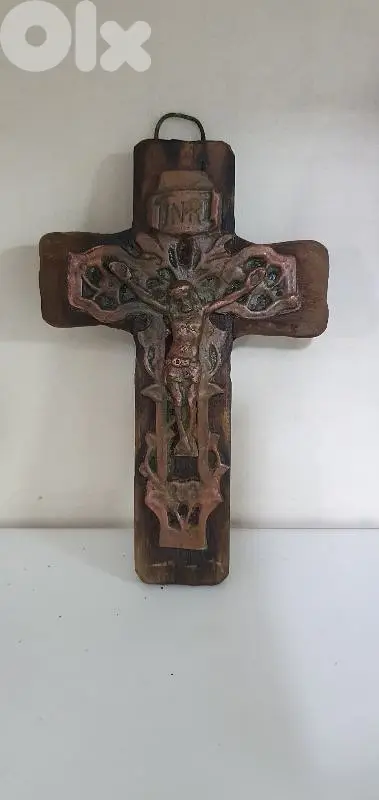 vintage cross hand made copper & wood