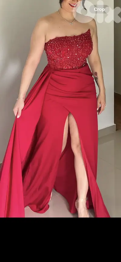 Red long dress with embroidery