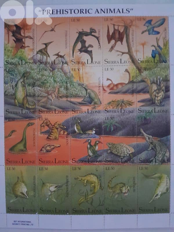 sheet of postage stamps from Sierra Leone various prehistoric animals. 0