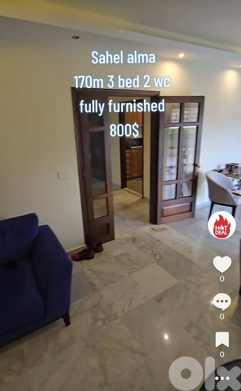 sahel alma 3 bed 2 wc furnished for 800$ wonderfull apa 0