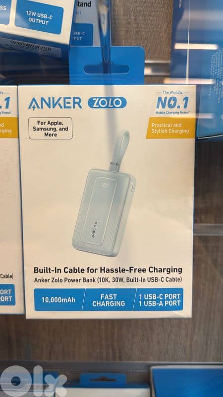 Anker zolo power bank (10k,30w,built in usb-c cable) blue 35$ last 0