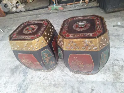 Vintage Chinese Hand Carved Lacquered Octagonal Wooden Rice Barrel
