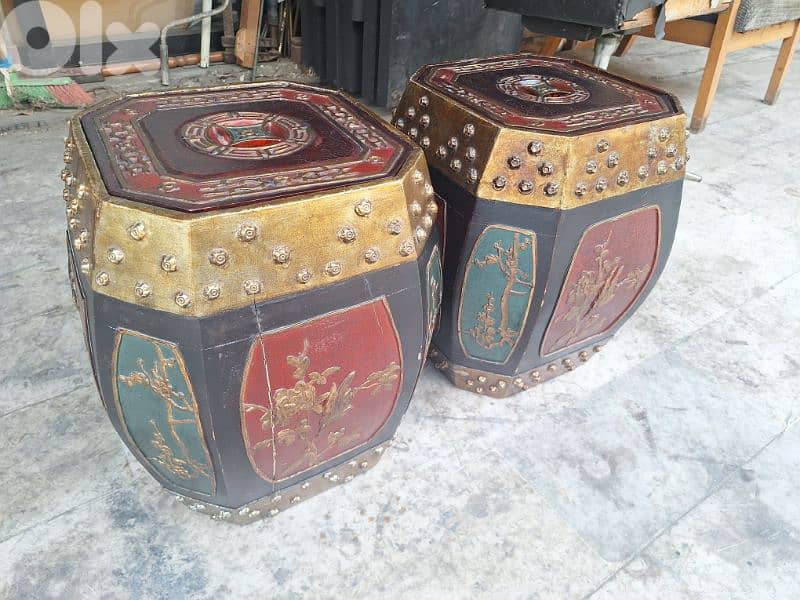 Vintage Chinese Hand Carved Lacquered Octagonal Wooden Rice Barrel 1