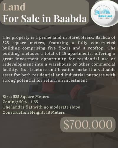 525 SQM Land in Haret Hreik, Baabda