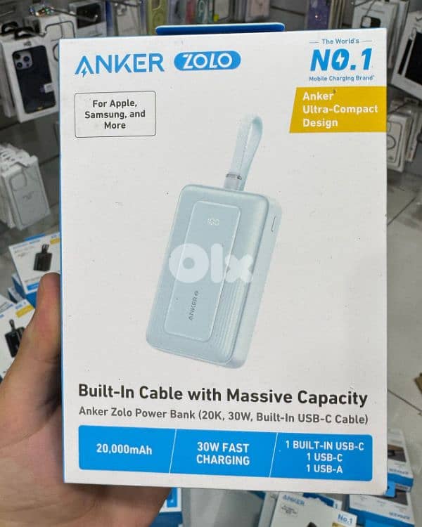 Anker zolo power bank (20k,30w,built in usb-c cable ) blue 45$ 0