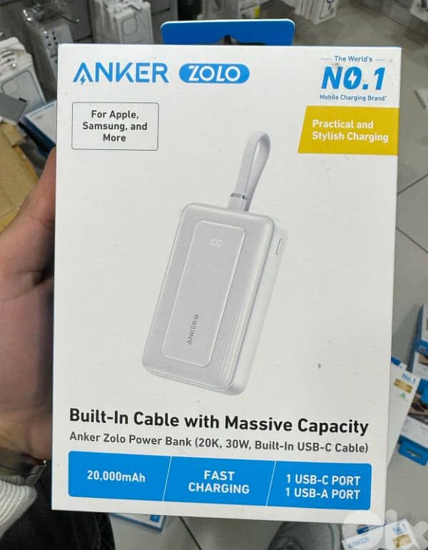 Anker zolo power bank (20k,30w,built in usb-c cable ) white 45$ 0