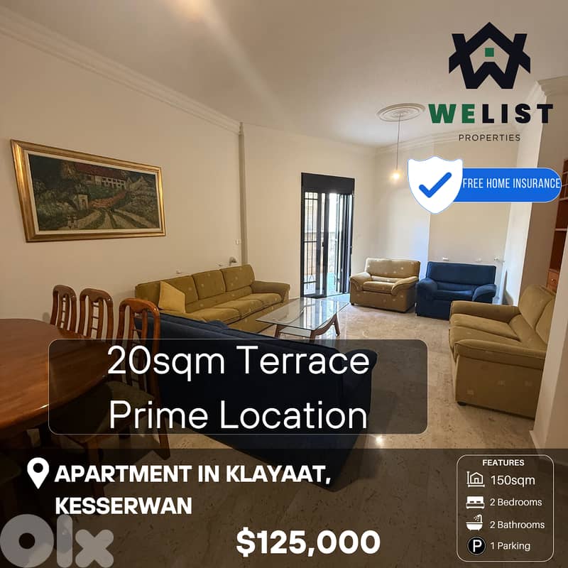 150sqm + 20sqm Terrace Apartment for sale in Klayaat, Kesserwan 0