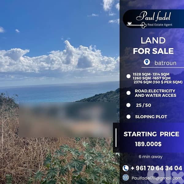 Batroun Land for Sale  5 beautiful sloping plots with breathtaking sea 0