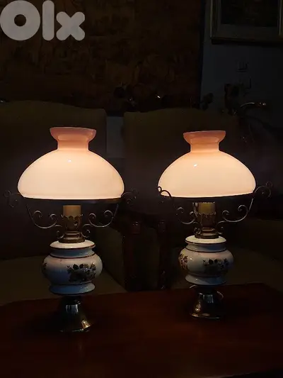 pair of opaline brass and porcelain base lamps
