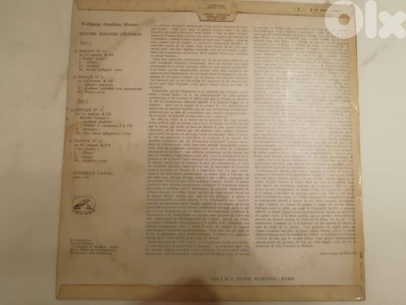 Mozart , Danielle Laval ‎– Quatre Sonates vinyl 1
