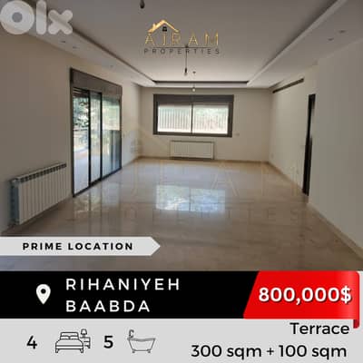 Rihaniyeh Baabda | 300 sqm + 100 sqm Terrace | Prime Location