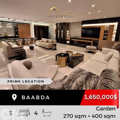 Baabda | 270 sqm + 400 sqm Garden  | Prime Location