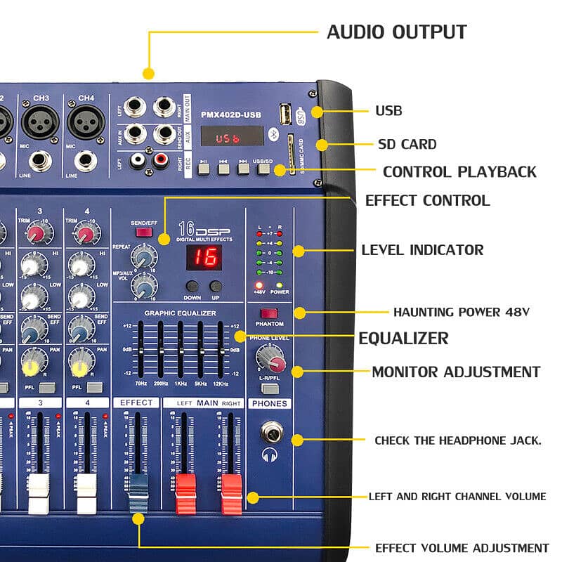 Professional Power Mixer 6 Channels DJ Mixer with Mic for Home Karaoke 2
