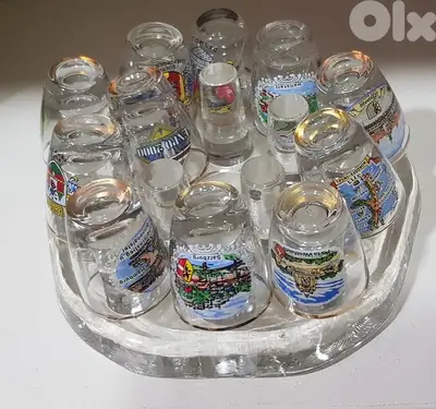 Set of 12 Vintage Souvenir Shot Glasses + Glass Stand