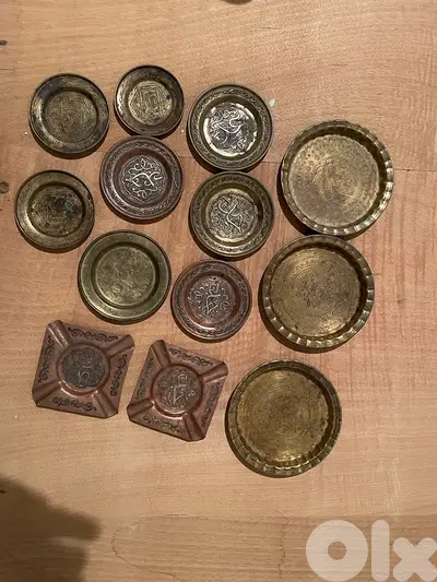 antique copper ash trays & small plates / tray