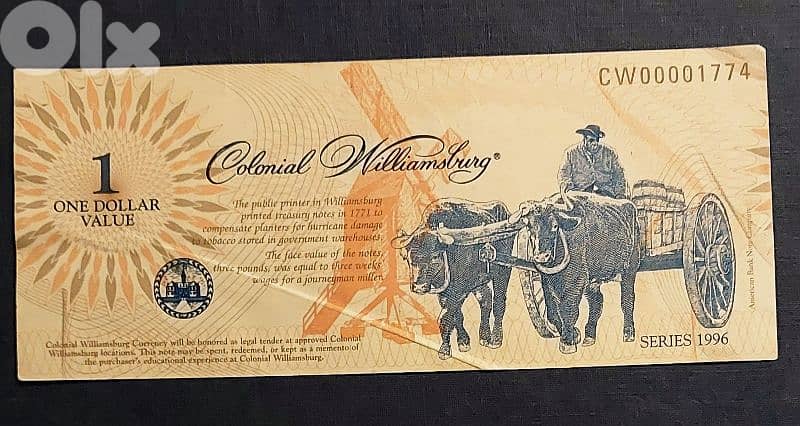USA One Dollar collectible souvenir Colonial Willamsburg 0