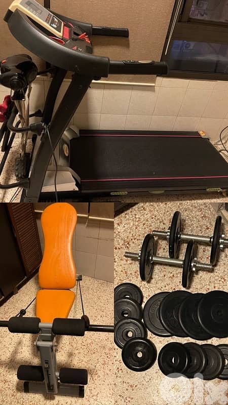 treadmill dumbbels bench weight plates 0