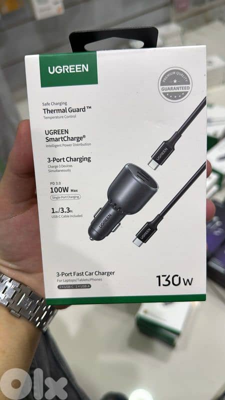 Ugreen 130w 3-port fast car charger+usb-c cable 0