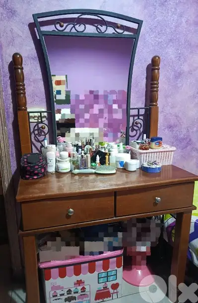 wooden vanity desk with a metal
