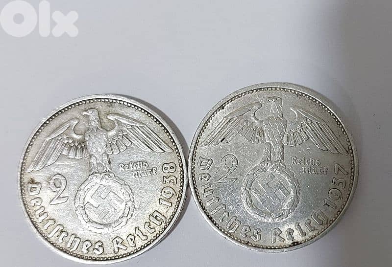 set of two Nazi Silver Coins two marks era Adolf Hitler World War II 0