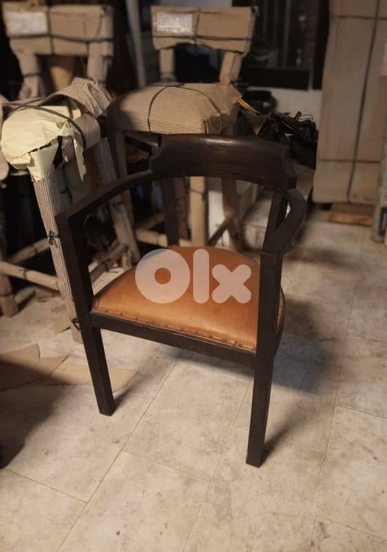 Genuine leather and teak armchair 0