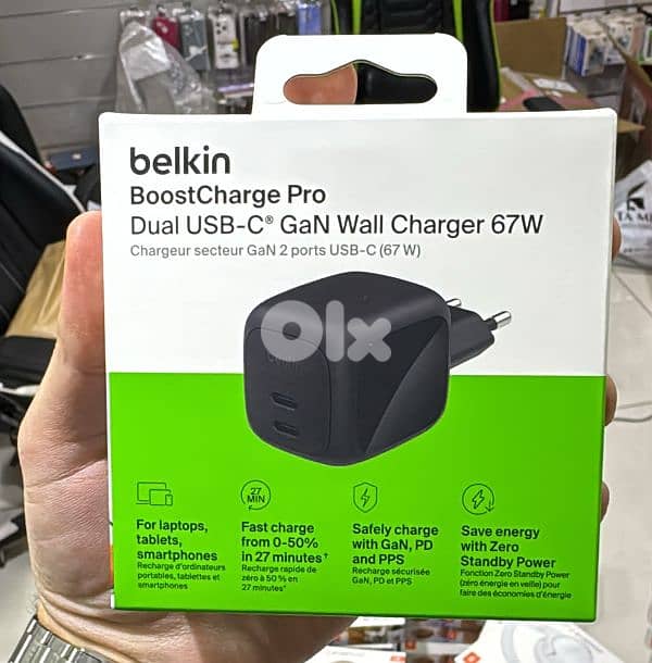 Belkin Boostcharge pro 67w Dual usb-c gan wall charger 2 pin black 0