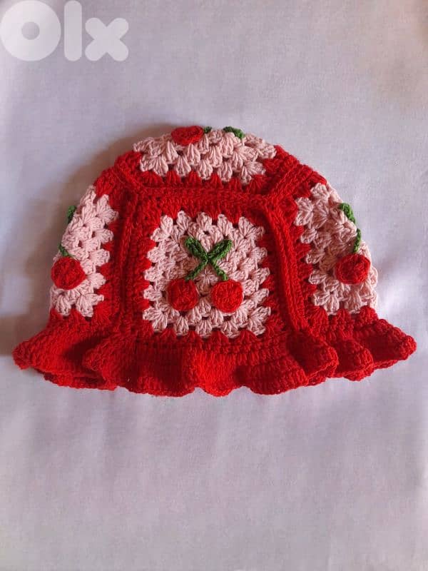 handmade crochet red cherry bucket hat 0