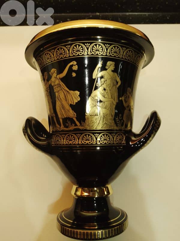 Black & 24 k Gold Porcelain Vase 28 cm Handmade in Greece 80s 0