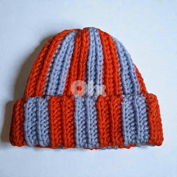 Handmade crochet striped beanie light blue and orange chunky 0