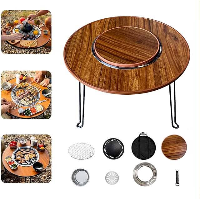 Rustic Wood Portable Grill – Integrated Side Table & Bag 0