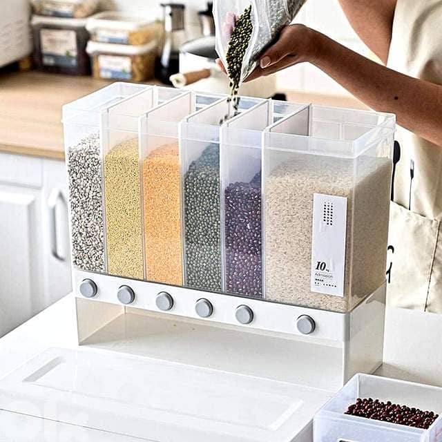 Wall-Mounted 6-Grid Grain Dispenser – 10kg Dry Food Organizer 3