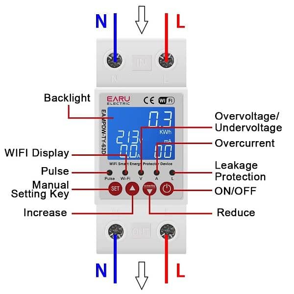 EARU Tuya Smart RCBO Circuit Earth Leakage 63A 3