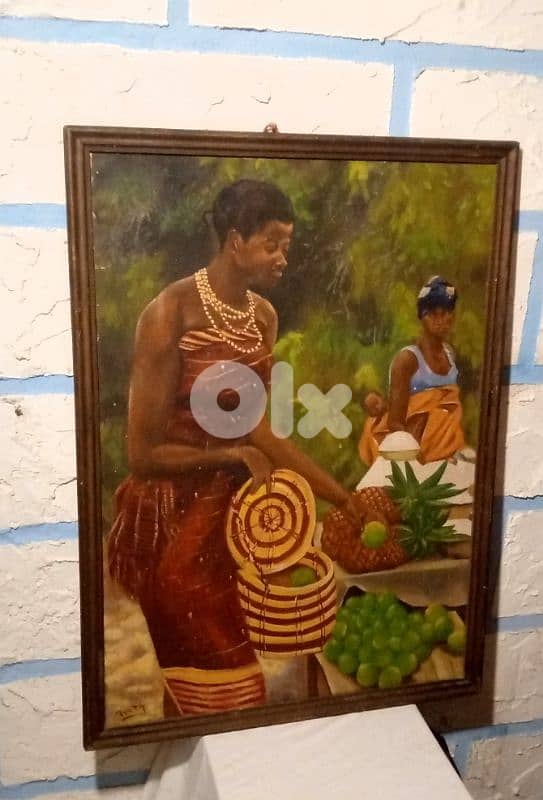 signed "Pueta" hand painted African Market Scene vintage 0