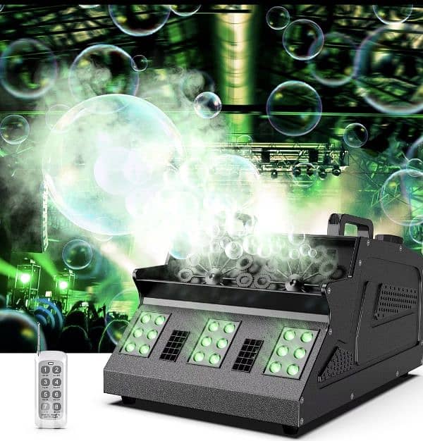 3 in 1 Fog Bubble& smoke Machine. 2 Bubble Fans, 7CH RGB 18 LED Lights 1